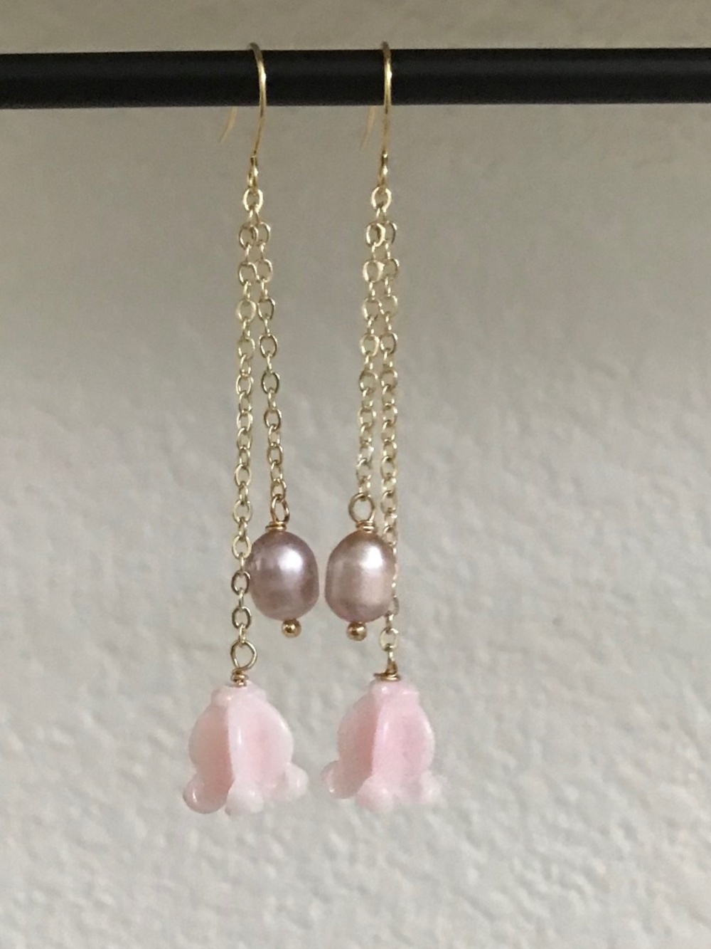 Handmade Pink Crown Flower & Freshwater Pearl Dangle Earrings